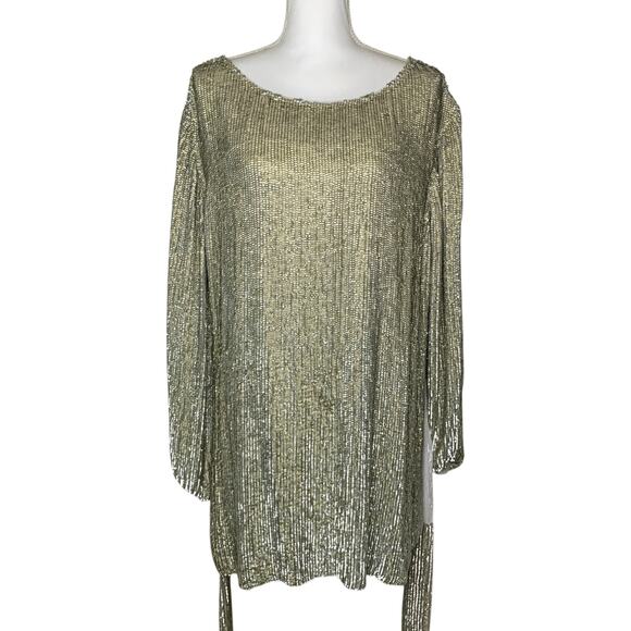 Retrofête Selma Champage Sequin Split Sleeve Keyhole Belted Robe Mini Dress - Picture 6 of 16